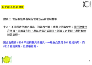 8
附表三 食品製造業者製程管理及品質管制基準
十四、不得回收使用之器具、容器及包裝，應禁止回收使用；得回收使用
之器具、容器及包裝，應以適當方式清潔、消毒；必要時，應經有效
殺菌處理。
因此會購買 #304 不銹鋼餐具或器具。一般食品使用 304 已經夠用，而
#316 更耐腐蝕，但價格更高。
GHP 2018-06-21 草案
 