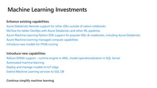 Azure Databricks Remote support for other IDEs outside of native notebooks
MLFlow for better DevOps with Azure Databricks and other ML pipelines
Azure Machine Learning Python SDK support for popular IDEs & notebooks, including Azure Databricks
Azure Machine Learning managed compute capabilities
Introduce new models for FPGA scoring
Robust ONNX support - runtime engine in AML, model operationalization in SQL Server
Automated machine learning
Deploy and manage models to IoT edge
Extend Machine Learning services to SQL DB
 