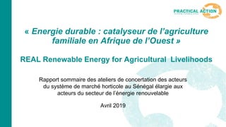 « Energie durable : catalyseur de l’agriculture
familiale en Afrique de l’Ouest »
REAL Renewable Energy for Agricultural Livelihoods
Rapport sommaire des ateliers de concertation des acteurs
du système de marché horticole au Sénégal élargie aux
acteurs du secteur de l’énergie renouvelable
Avril 2019
 