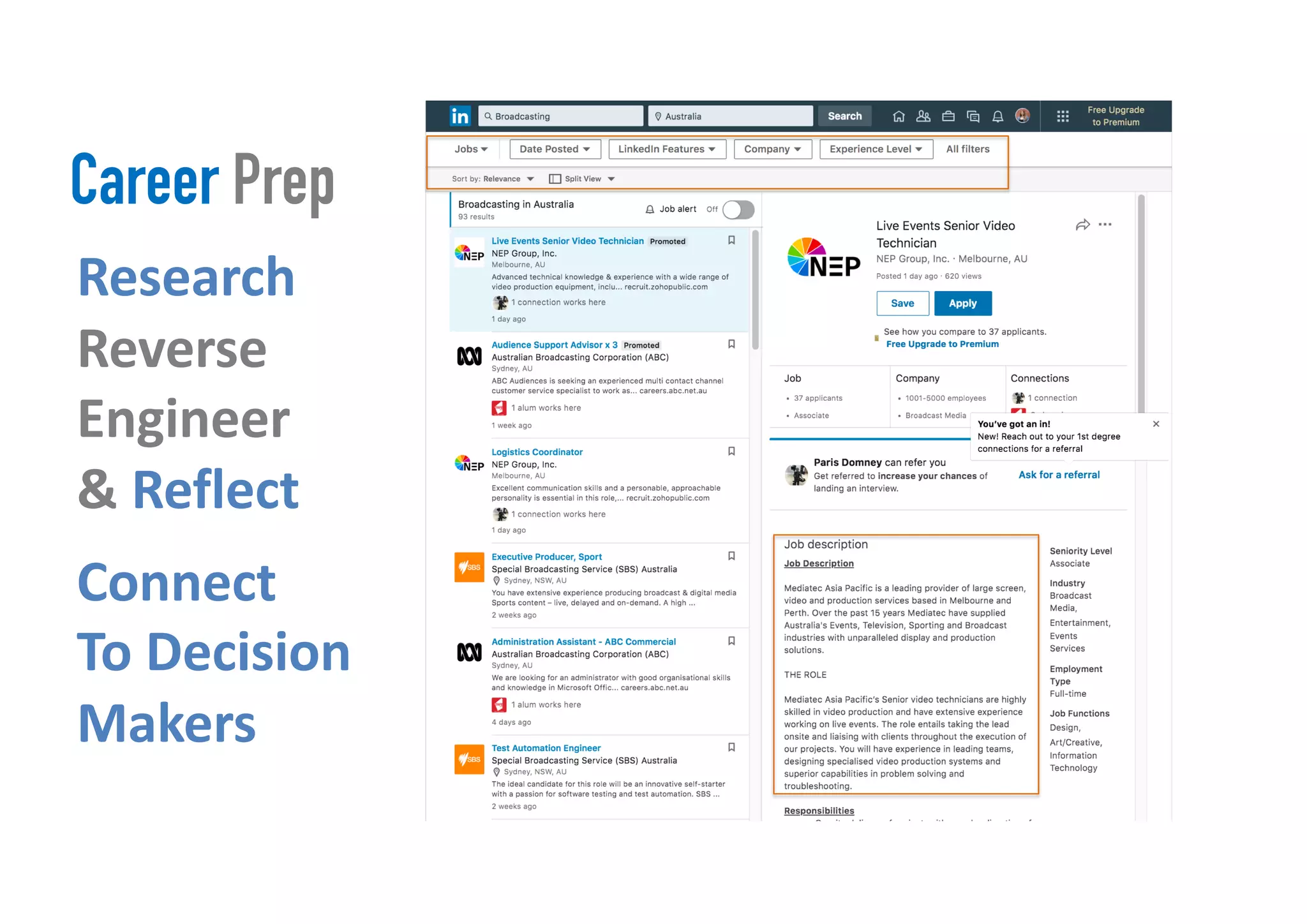 Research
Reverse
Engineer
& Reflect
Connect
To Decision
Makers
Career Prep
 