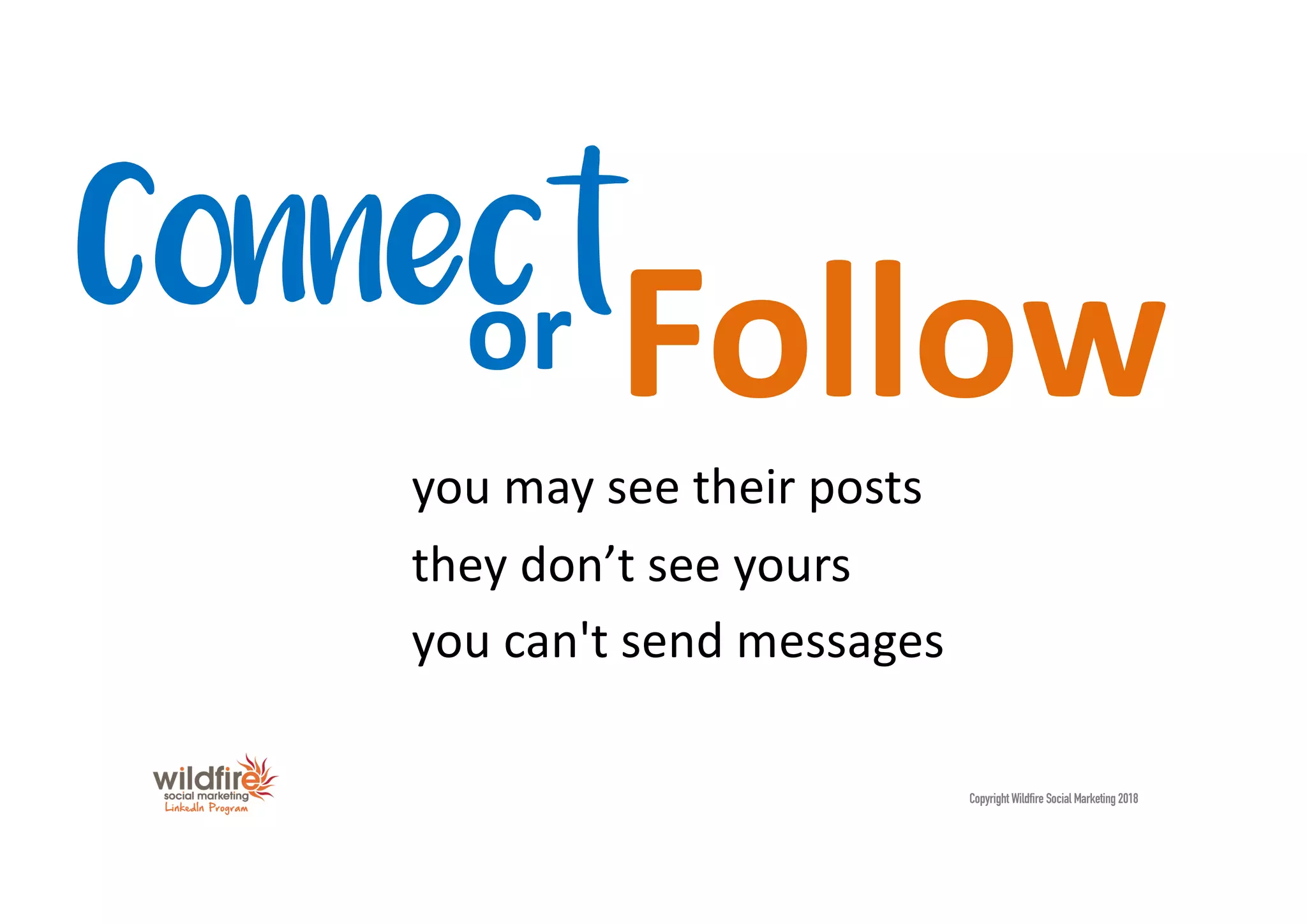 you may see their posts
they don’t see yours
you can't send messages
Connect
or Follow
Copyright Wildfire Social Marketing 2018
 