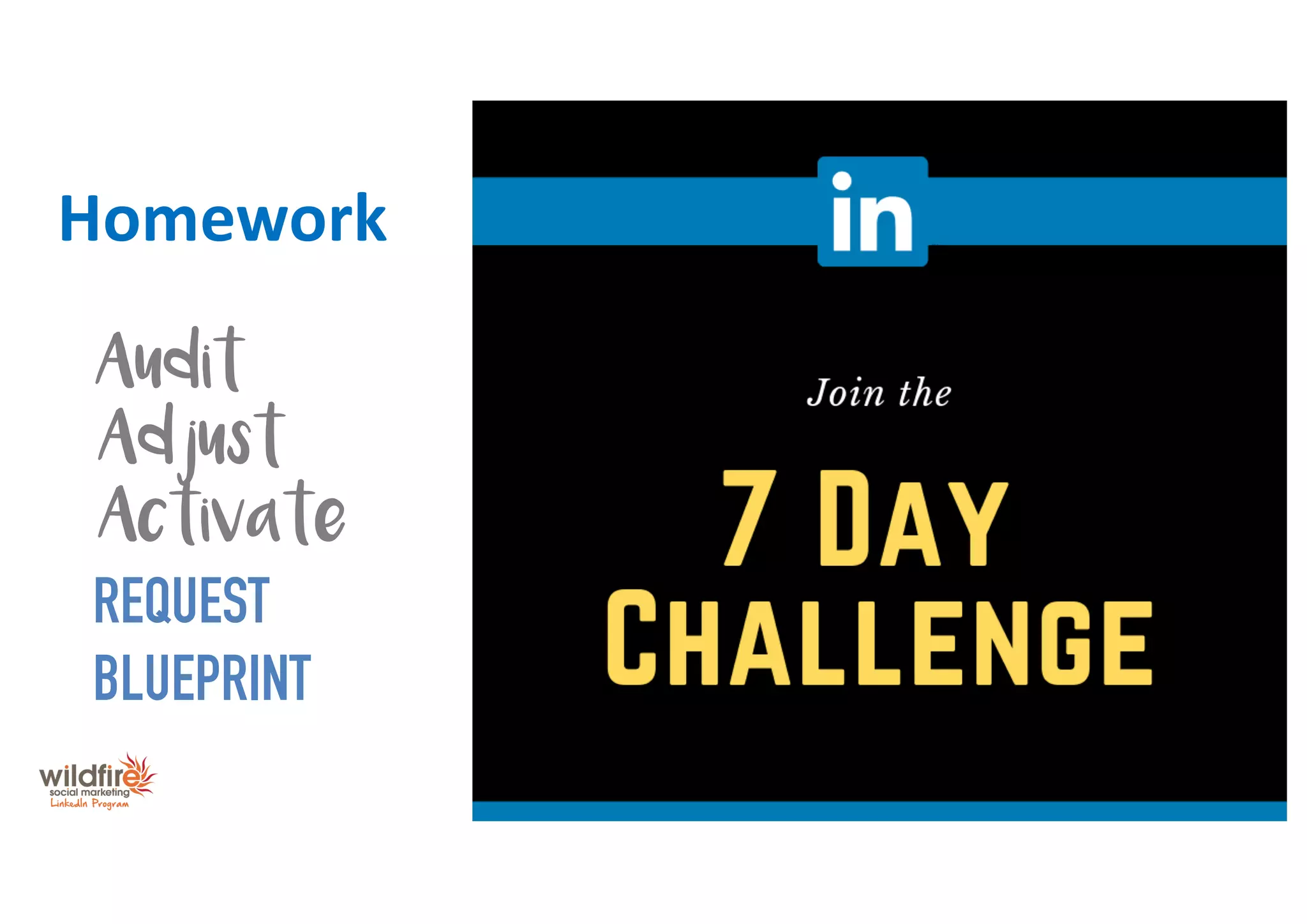 Homework
Audit
Adjust
Activate
REQUEST
BLUEPRINT
Copyright Wildfire Social Marketing 2019
 