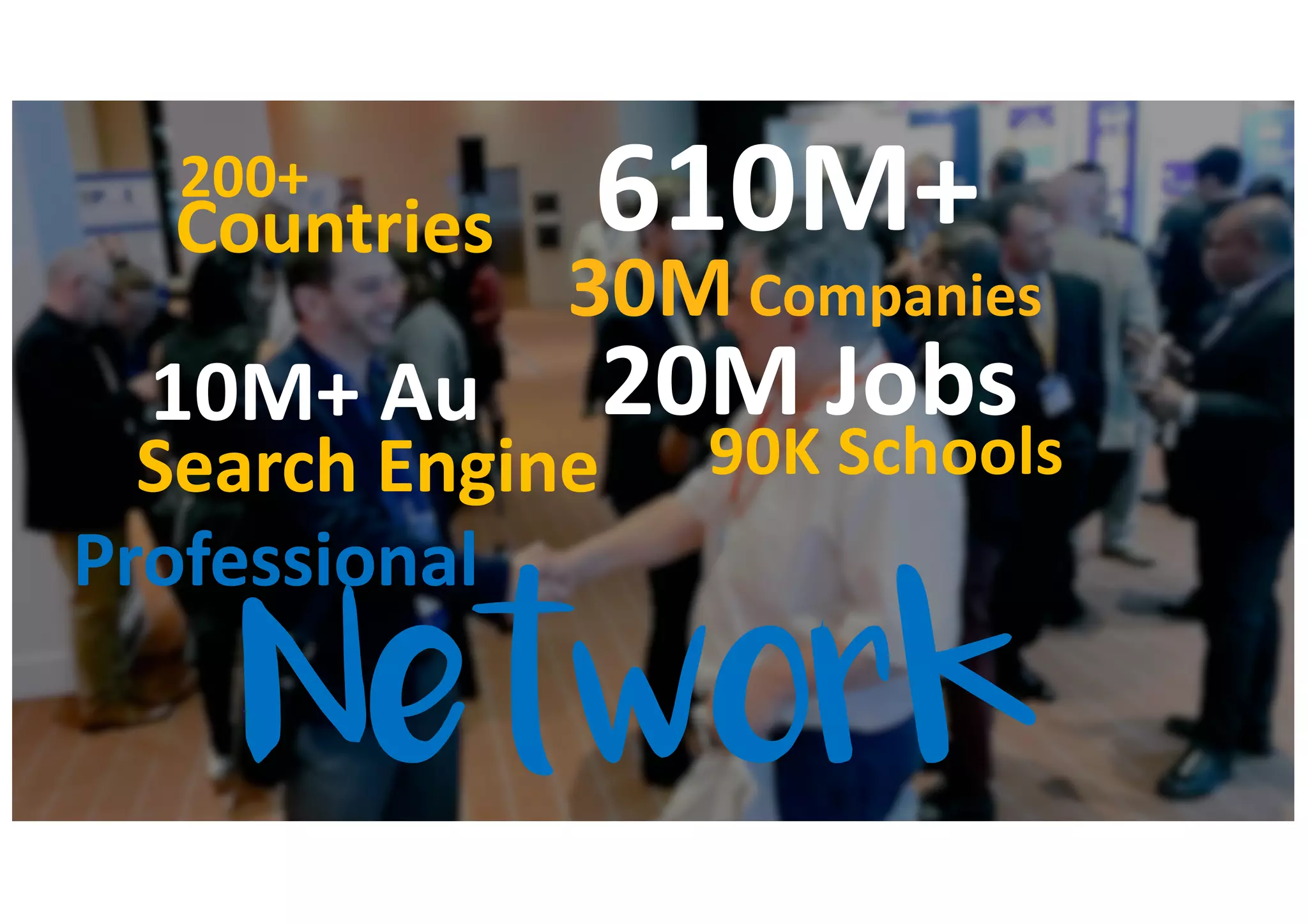 Network
200+
Search Engine
10M+ Au 20M Jobs
Professional
90K Schools
30M Companies
610M+Countries
 