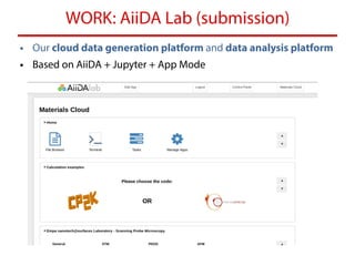WORK: AiiDA Lab (submission)
• Our cloud data generation platform and data analysis platform
• Based on AiiDA + Jupyter + ...