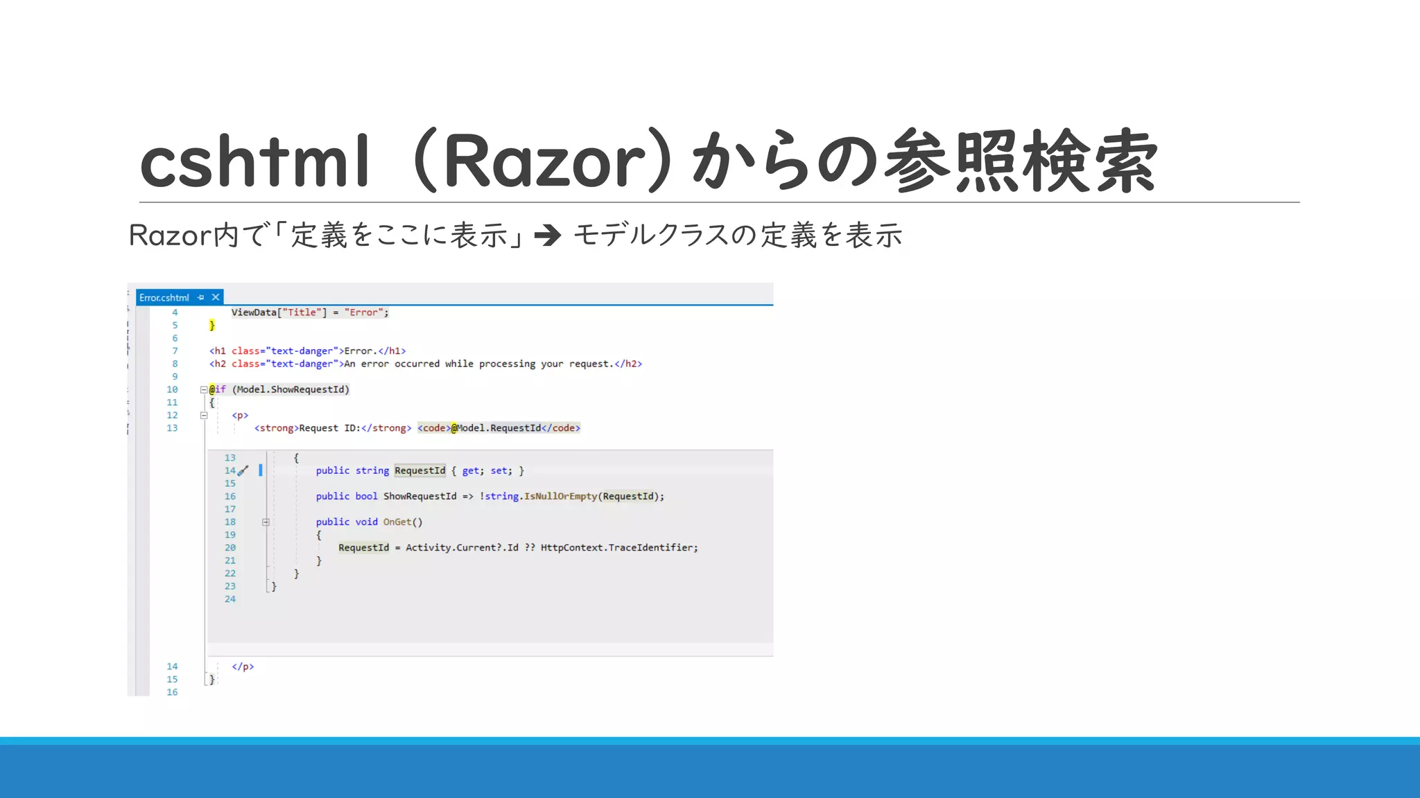 ｃｓｈtml （Razor）からの参照検索
Razor内で「定義をここに表示」 ➔ モデルクラスの定義を表示
 