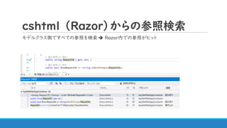 ｃｓｈtml （Razor）からの参照検索
モデルクラス側ですべての参照を検索➔ Razor内での参照がヒット
 