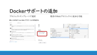 Dockerサポートの追加
プロジェクトテンプレートで選択 既存のWebプロジェクトに追加も可能
 