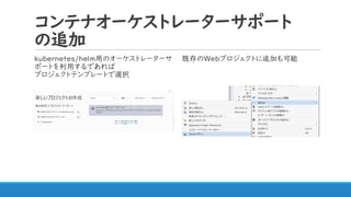 コンテナオーケストレーターサポート
の追加
kubernetes/helm用のオーケストレーターサ
ポートを利用するであれば
プロジェクトテンプレートで選択
既存のWebプロジェクトに追加も可能
 