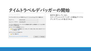 タイムトラベルデバッガーの開始
条件を満たしていると、
スナップショットデバッガーの開始ダイアロ
グにオプションが表示される
 