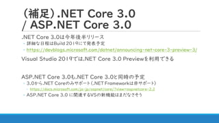 （補足）.NET Core 3.0
/ ASP.NET Core 3.0
.NET Core 3.0は今年後半リリース
◦ 詳細な日程はBuild 2019にて発表予定
◦ https://devblogs.microsoft.com/dotnet/announcing-net-core-3-preview-3/
Visual Studio 2019では.NET Core 3.0 Previewを利用できる
ASP.NET Core 3.0も.NET Core 3.0と同時の予定
◦ 3.0から.NET Coreのみサポート（.NET Frameworkは非サポート）
◦ https://docs.microsoft.com/ja-jp/aspnet/core/?view=aspnetcore-2.2
◦ ASP.NET Core 3.0 に関連するVSの新機能はまだなさそう
 