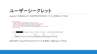 ユーザーシークレット
csprojへの追加および、%APPDATA%内にファイル作成をしてくれる
ASP.NET Coreプロセスはこのファイルを参照して読み込んでくれる
 
