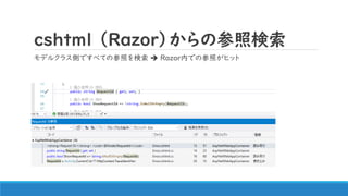 ｃｓｈtml （Razor）からの参照検索
モデルクラス側ですべての参照を検索 ➔ Razor内での参照がヒット
 