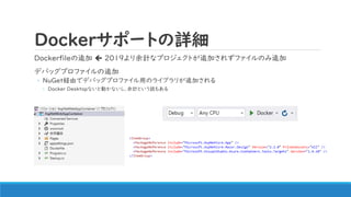 Dockerサポートの詳細
Dockerfileの追加  2019より余計なプロジェクトが追加されずファイルのみ追加
デバッグプロファイルの追加
◦ NuGet経由でデバッグプロファイル用のライブラリが追加される
◦ Docker Desktopないと動かないし、余計という説もある
 