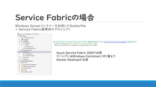 Service Fabricの場合
Windows Serverコンテナーを利用したDockerfile
+ Service Fabric展開用のプロジェクト
Azure Service Fabric SDKが必須
デバッグにはWindows Containerに切り替えて
Docker Desktopが必須
 