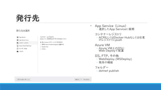 発行先
App Service （Linux）
◦ 選択したApp Serviceに展開
コンテナーレジストリ
◦ ACRもしくはDocker Hubもしくは任意
のレジストリにpush
Azure VM
◦ Azure VM上のIISに
Web Deployで配置
IIS, FTP, その他
◦ WebDeploy (MSDeploy)
◦ 既存の機能
フォルダー
◦ dotnet publish
 