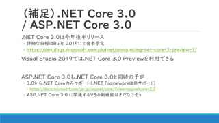 （補足）.NET Core 3.0
/ ASP.NET Core 3.0
.NET Core 3.0は今年後半リリース
◦ 詳細な日程はBuild 2019にて発表予定
◦ https://devblogs.microsoft.com/dotnet/announcing-net-core-3-preview-3/
Visual Studio 2019では.NET Core 3.0 Previewを利用できる
ASP.NET Core 3.0も.NET Core 3.0と同時の予定
◦ 3.0から.NET Coreのみサポート（.NET Frameworkは非サポート）
◦ https://docs.microsoft.com/ja-jp/aspnet/core/?view=aspnetcore-2.2
◦ ASP.NET Core 3.0 に関連するVSの新機能はまだなさそう
 