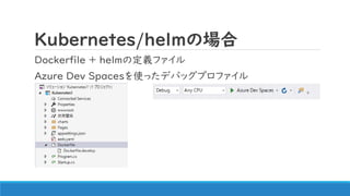 Kubernetes/helmの場合
Dockerfile + helmの定義ファイル
Azure Dev Spacesを使ったデバッグプロファイル
 