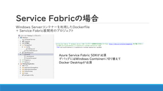 Service Fabricの場合
Windows Serverコンテナーを利用したDockerfile
+ Service Fabric展開用のプロジェクト
Azure Service Fabric SDKが必須
デバッグにはWindows ...