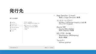 発行先
App Service （Linux）
◦ 選択したApp Serviceに展開
コンテナーレジストリ
◦ ACRもしくはDocker Hubもしくは任意
のレジストリにpush
Azure VM
◦ Azure VM上のIISに
We...