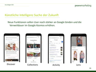 26
Künstliche Intelligenz Suche der Zukunft
Grundlagen SEO
Neue Funktionen sollen User noch stärker an Google binden und die
Verweildauer im Google Kosmos erhöhen.
Discover Collections Activity Lens
 