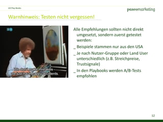12
Warnhinweis: Testen nicht vergessen!
Alle Empfehlungen sollten nicht direkt
umgesetzt, sondern zuerst getestet
werden:
_ Beispiele stammen nur aus den USA
_ Je nach Nutzer-Gruppe oder Land User
unterschiedlich (z.B. Streichpreise,
Trustsignale)
_ In den Playbooks werden A/B-Tests
empfohlen
UX Play Books
 