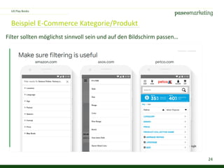 24
Beispiel E-Commerce Kategorie/Produkt
UX Play Books
Filter sollten möglichst sinnvoll sein und auf den Bildschirm passen…
 