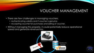VOUCHER MANAGEMENT
• There are few challenges in managing vouchers.
• Authenticating validity and if voucher is genuine.
• Accepting voucher for purchases and selling of voucher.
• Without managing this properly, it could potentially reduce operational
speed and generate revenue loss.
 