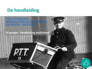 De handleiding
https://go2people-
websites.nl/ebooks/nederlandse-
handleiding-mailchimp/
Of google: ‘handleiding mailchimp’
 