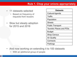 Rule 1. Chop your onions appropriately
• 11 datasets selected
• Based on frequency of
requests from reusers
• Slow but steady adoption
for 2015 and 2016
• And now working on extending it to 100 datasets
• With an additional group of people
Datasets
Cultural Agenda
Traffic
Population
Streets
Public Transport
Touristic Places and POIs
Budget
Shop Census
Air Quality
Contracts
Parkings
 