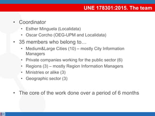 UNE 178301:2015. The team
• Coordinator
• Esther Minguela (Localidata)
• Oscar Corcho (OEG-UPM and Localidata)
• 35 members who belong to…
• Medium&Large Cities (10) – mostly City Information
Managers
• Private companies working for the public sector (6)
• Regions (3) – mostly Region Information Managers
• Ministries or alike (3)
• Geographic sector (3)
• The core of the work done over a period of 6 months
 