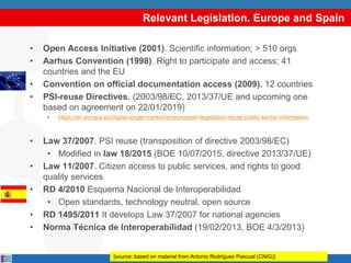 Relevant Legislation. Europe and Spain
• Open Access Initiative (2001). Scientific information; > 510 orgs
• Aarhus Convention (1998). Right to participate and access; 41
countries and the EU
• Convention on official documentation access (2009). 12 countries
• PSI-reuse Directives. (2003/98/EC, 2013/37/UE and upcoming one
based on agreement on 22/01/2019)
• https://ec.europa.eu/digital-single-market/en/european-legislation-reuse-public-sector-information
• Law 37/2007. PSI reuse (transposition of directive 2003/98/EC)
• Modified in law 18/2015 (BOE 10/07/2015, directive 2013/37/UE)
• Law 11/2007. Citizen access to public services, and rights to good
quality services
• RD 4/2010 Esquema Nacional de Interoperabilidad
• Open standards, technology neutral, open source
• RD 1495/2011 It develops Law 37/2007 for national agencies
• Norma Técnica de Interoperabilidad (19/02/2013, BOE 4/3/2013)
[source: based on material from Antonio Rodríguez Pascual (CNIG)]
 