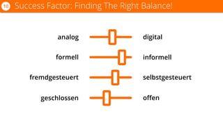Success Factor: Finding The Right Balance!10
digitalanalog
fremdgesteuert selbstgesteuert
formell informell
geschlossen offen
 