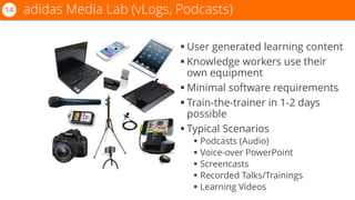 adidas Media Lab (vLogs, Podcasts)14
 User generated learning content
 Knowledge workers use their
own equipment
 Minimal software requirements
 Train-the-trainer in 1-2 days
possible
 Typical Scenarios
 Podcasts (Audio)
 Voice-over PowerPoint
 Screencasts
 Recorded Talks/Trainings
 Learning Videos
 