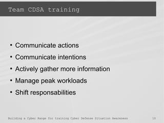 Building a Cyber Range for training Cyber Defense Situation Awareness 10
Team CDSA training
●
Communicate actions
●
Commun...