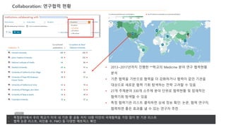 Collaboration: 연구협력 현황
• 특정분야에서 우리 학교가 미국 내 기관 중 공동 저자 10명 미만의 국제협력을 가장 많이 한 기관 리스트
• 협력 논문 리스트, 피인용 수, FWCI 등 다양한 메트릭스 확인
• 2013~2017년까지 진행한 **학교의 Medicine 분야 연구 협력현황
분석
• 기존 협력을 기반으로 협력을 더 강화하거나 협력이 없던 기관을
대상으로 새로운 협력 기회 탐색하는 전략 고려할 수 있음
• 27개 주제분야 330개 소주제 분야 단위로 협력현황 및 잠재적인
협력기회 탐색할 수 있음
• 특정 협력기관 리스트 클릭하면 상세 정보 확인: 논문, 협력 연구자,
협력하면 좋은 효과를 낼 수 있는 연구자 추천
 