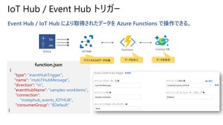 IoT Hub / Event Hub トリガー
Event Hub / IoT Hub により取得されたデータを Azure Functions で操作できる。
function.json
{
"type": "eventHubTrigger",
"name": "myIoTHubMessage",
"direction": "in",
“eventHubName”: "samples-workitems",
“connection”:
"mstephub_events_IOTHUB",
"consumerGroup": "$Default"
}
IoT Hub
デバイスからのデータ収集 データを加工
デバイス
データを保存
 
