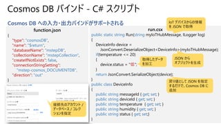 Cosmos DB バインド - C# スクリプト
Cosmos DB への入力・出力バインドがサポートされる
function.json
{
"type": "cosmosDB",
"name": "$return",
"databaseName": "mstepDB",
"collectionName": "mstepCollection",
"createIfNotExists": false,
"connectionStringSetting":
"mstep-cosmos_DOCUMENTDB",
"direction": "out"
}
接続先のアカウント /
データベース / コレク
ションを指定
run.csx
public static string Run(string myIoTHubMessage, ILogger log)
{
DeviceInfo device =
JsonConvert.DeserializeObject<DeviceInfo>(myIoTHubMessage);
if(temperature <= 20)
{
device.status = "低";
}
return JsonConvert.SerializeObject(device);
}
public class DeviceInfo
{
public string messageId { get; set; }
public string deviceId { get; set; }
public string temperature { get; set; }
public string humidity { get; set; }
public string status { get; set;}
}
IoT デバイスからの情報
を JSON で取得
JSON から
オブジェクトを生成
取得したデータ
を加工
戻り値として JSON を指定
するだけで、Cosmos DB に
追加
 