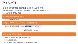 実行時間の長い関数を使用しない
より小さな関数セットに分割する。
host.json ファイルで functionTimeout 値を変更する
10 分まで増やすことができる。
App Service プランを利用する
専用の VM が割り当てられるため、無制限にできる。
V1 では既定で無制限。
V2 では既定が 30 分に変更されたので注意！host.json で変更する。
タイムアウト
従量課金プランでは、既定では 5 分でタイムアウトする
従量課金プランでは、実行時間が 5 分を経過すると関数の実行はタイムアウトする。
タイムアウトさせない方法
 