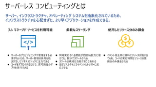 サーバーレス コンピューティングとは
サーバー、インフラストラクチャ、オペレーティング システムを抽象化されているため、
インフラストラクチャを心配せずに、より早くアプリケーションを作成できる。
フル マネージド サービスを利用可能 柔軟なスケーリング 使用したリソース分のみ課金
⚫ サーバーのプロビジョニングや管理をする必
要がないため、サーバー管理の負荷を低
減でき、ビジネス ロジックに注力できる
⚫ コードをデプロイするだけで、高可用性のア
プリを実行できる
⚫ 同時実行される関数がゼロから数万に増
えても、数秒でスケールされる
⚫ スケールの構成は自動でおこなわれる
⚫ ほぼリアルタイムでイベントとトリガーに反
応できる
⚫ イベント発生時に瞬時にリソースが割り当
てられ、コードの実行時間とリソースの使
用分のみ課金される
・・・
</> € ¥
＄
 