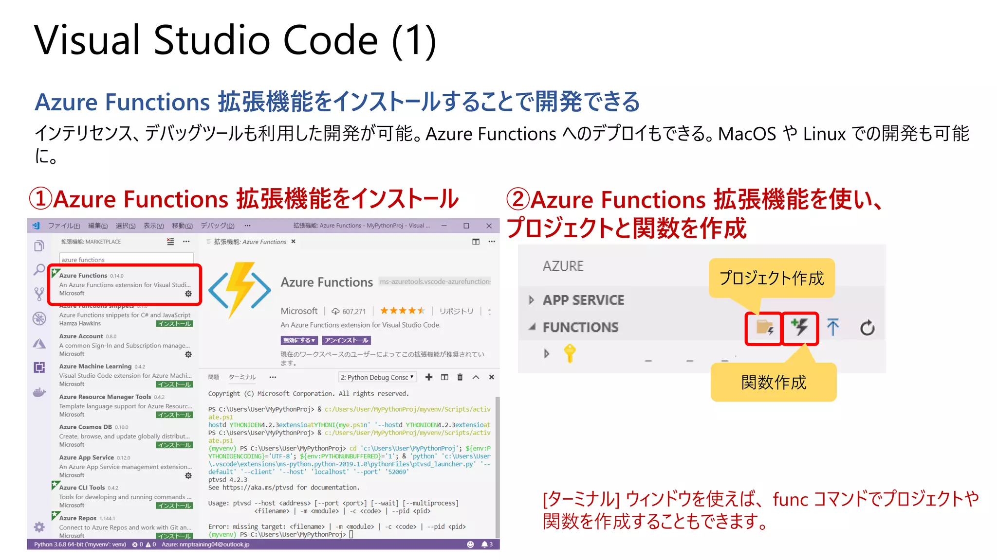Visual Studio Code (1)
Azure Functions 拡張機能をインストールすることで開発できる
インテリセンス、デバッグツールも利用した開発が可能。Azure Functions へのデプロイもできる。MacOS や Linux での開発も可能
に。
②Azure Functions 拡張機能を使い、
プロジェクトと関数を作成
①Azure Functions 拡張機能をインストール
[ターミナル] ウィンドウを使えば、 func コマンドでプロジェクトや
関数を作成することもできます。
プロジェクト作成
関数作成
 