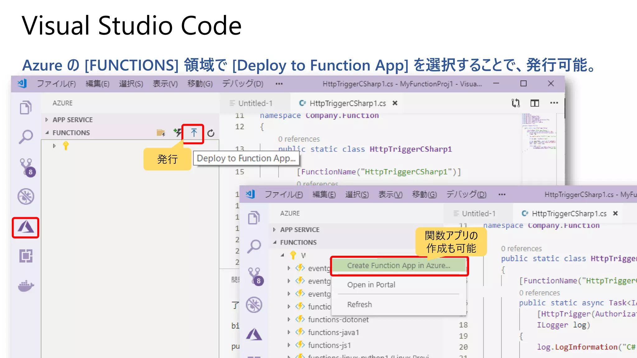 Visual Studio Code
Azure の [FUNCTIONS] 領域で [Deploy to Function App] を選択することで、発行可能。
発行
関数アプリの
作成も可能
発行
 