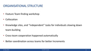 ORGANISATIONAL STRUCTURE
• Feature Team finding workshop
• Collocation
• Knowledge silos, and “independent” tasks for indi...