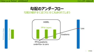 11
Follow us on Twitter! @NVIDIAAIJP ハッシュタグ: #GDLCJP
勾配のアンダーフロー
勾配の値が 0 に近づくと 0 に丸められてしまう
 