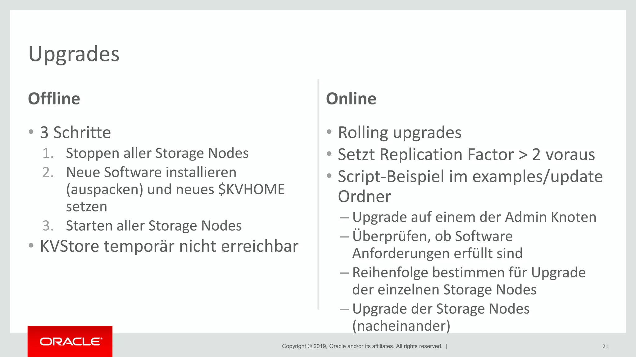 Copyright © 2019, Oracle and/or its affiliates. All rights reserved. |
Offline
• 3 Schritte
1. Stoppen aller Storage Nodes
2. Neue Software installieren
(auspacken) und neues $KVHOME
setzen
3. Starten aller Storage Nodes
• KVStore temporär nicht erreichbar
Online
• Rolling upgrades
• Setzt Replication Factor > 2 voraus
• Script-Beispiel im examples/update
Ordner
– Upgrade auf einem der Admin Knoten
– Überprüfen, ob Software
Anforderungen erfüllt sind
– Reihenfolge bestimmen für Upgrade
der einzelnen Storage Nodes
– Upgrade der Storage Nodes
(nacheinander)
21
Upgrades
 