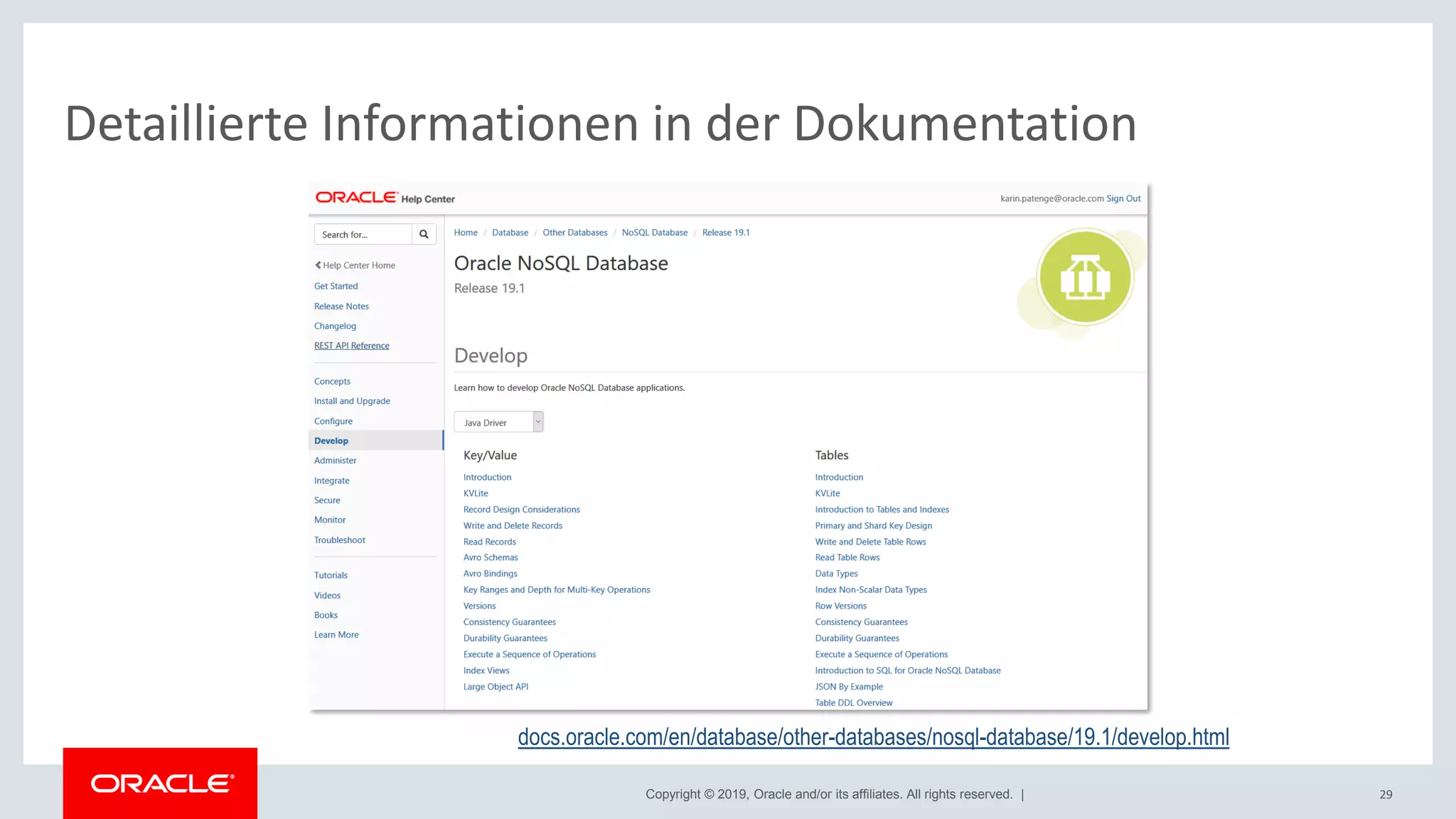 Copyright © 2019, Oracle and/or its affiliates. All rights reserved. |
Detaillierte Informationen in der Dokumentation
29
docs.oracle.com/en/database/other-databases/nosql-database/19.1/develop.html
 