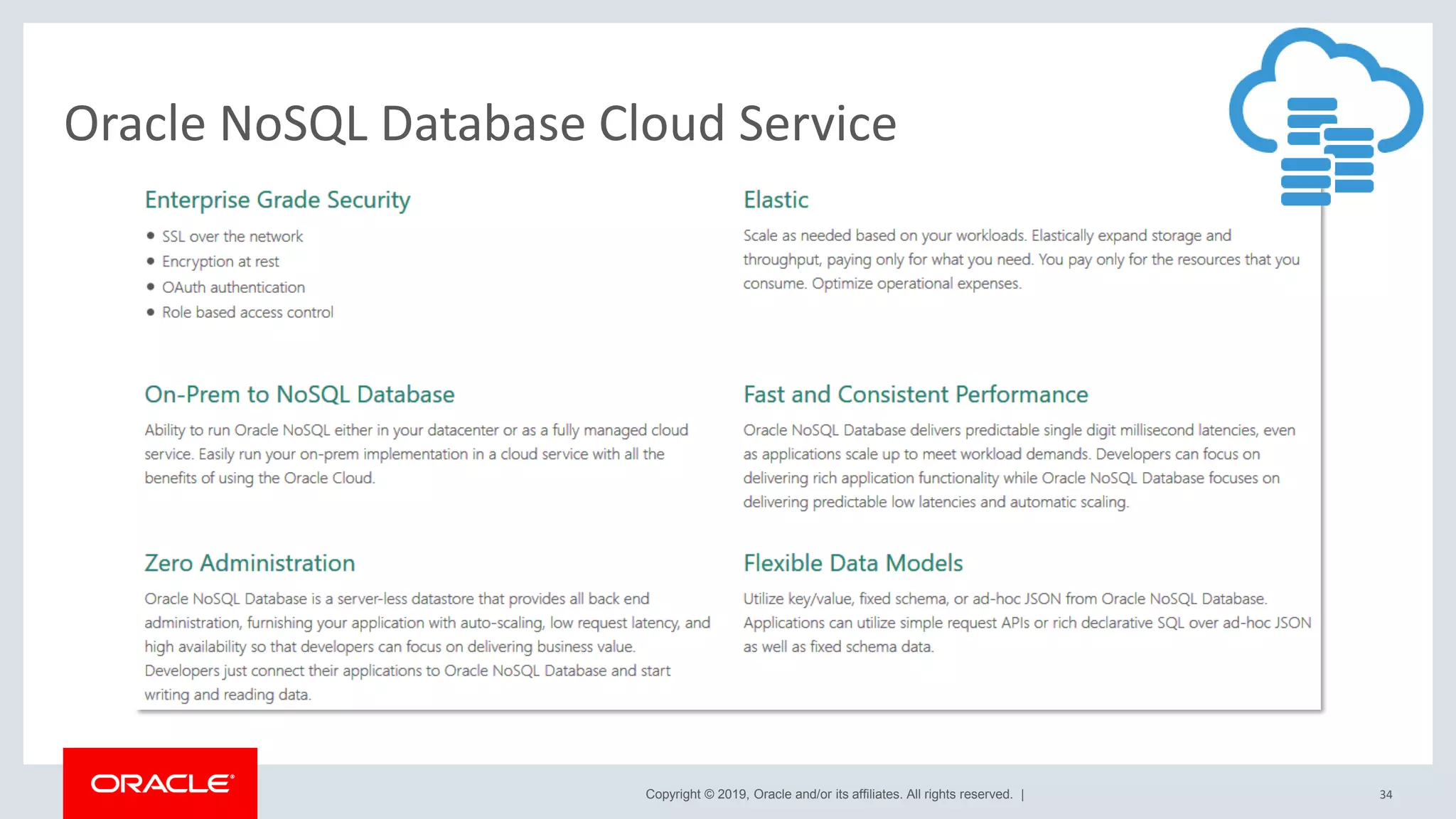 Copyright © 2019, Oracle and/or its affiliates. All rights reserved. |
Oracle NoSQL Database Cloud Service
34
 
