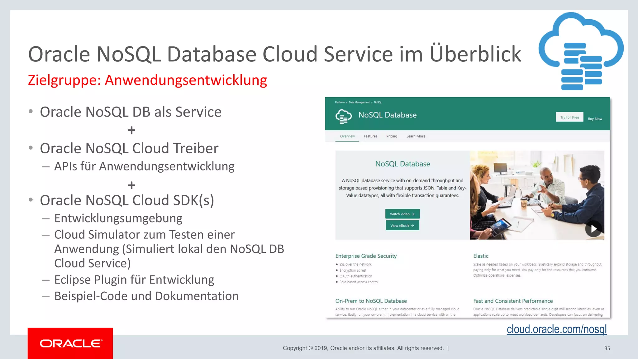 Copyright © 2019, Oracle and/or its affiliates. All rights reserved. |
Oracle NoSQL Database Cloud Service im Überblick
• Oracle NoSQL DB als Service
• Oracle NoSQL Cloud Treiber
– APIs für Anwendungsentwicklung
• Oracle NoSQL Cloud SDK(s)
– Entwicklungsumgebung
– Cloud Simulator zum Testen einer
Anwendung (Simuliert lokal den NoSQL DB
Cloud Service)
– Eclipse Plugin für Entwicklung
– Beispiel-Code und Dokumentation
35
Zielgruppe: Anwendungsentwicklung
cloud.oracle.com/nosql
+
+
 
