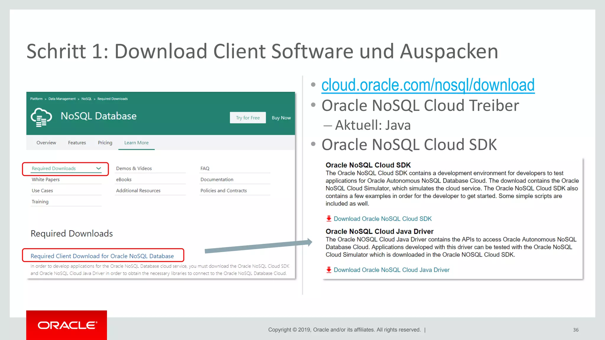 Copyright © 2019, Oracle and/or its affiliates. All rights reserved. | 36
Schritt 1: Download Client Software und Auspacken
• cloud.oracle.com/nosql/download
• Oracle NoSQL Cloud Treiber
– Aktuell: Java
• Oracle NoSQL Cloud SDK
 