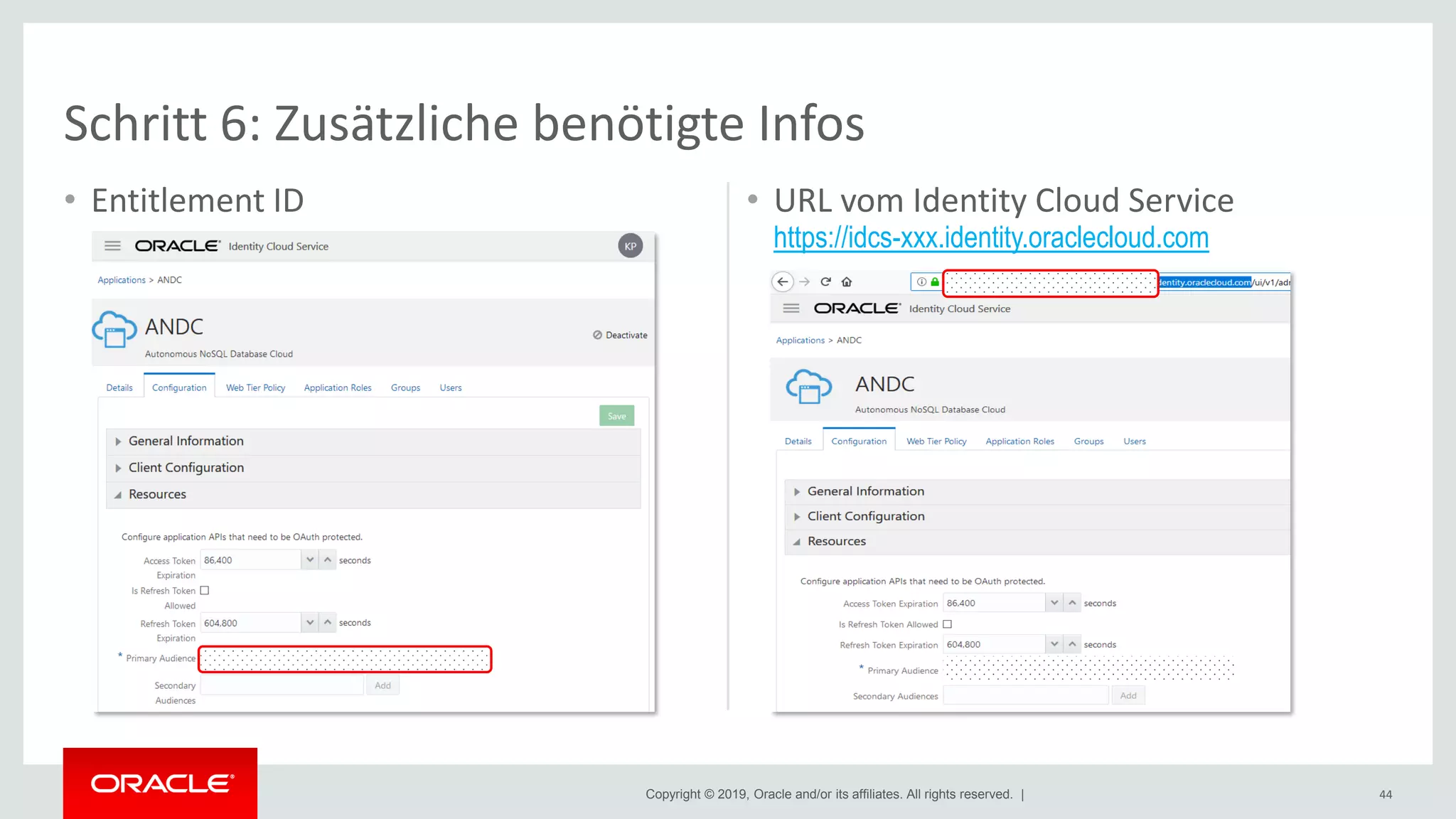 Copyright © 2019, Oracle and/or its affiliates. All rights reserved. | 44
Schritt 6: Zusätzliche benötigte Infos
• Entitlement ID • URL vom Identity Cloud Service
https://idcs-xxx.identity.oraclecloud.com
 