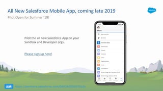 Pilot the all new Salesforce App on your
Sandbox and Developer orgs.
Please sign up here!
Pilot Open for Summer 19!
All New Salesforce Mobile App, coming late 2019
https://partners.salesforce.com/0693A000007Ds2o
 
